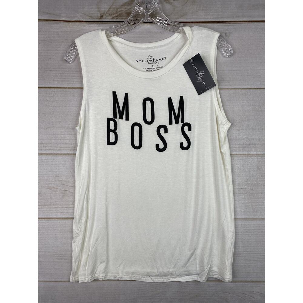AJ Amelia James Top Womens Sz S White MOM BOSS Sleeveless Scoop Neck NWT